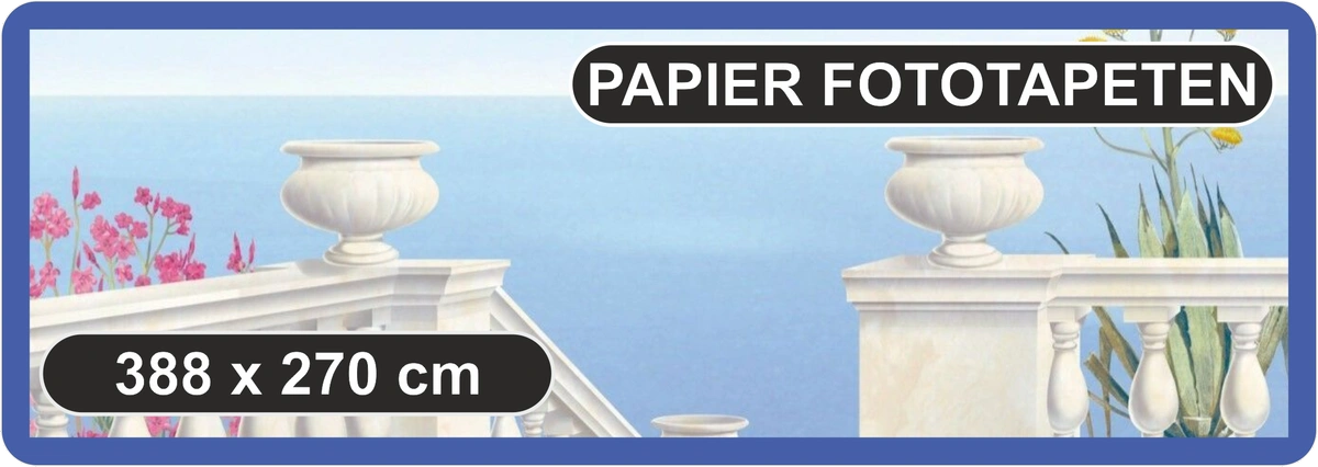 Komar Papier‑Fototapete, 8‑teilig, 388 × 270 cm, mediterrane Balkon‑Szenerie mit Meerblick und Blumen